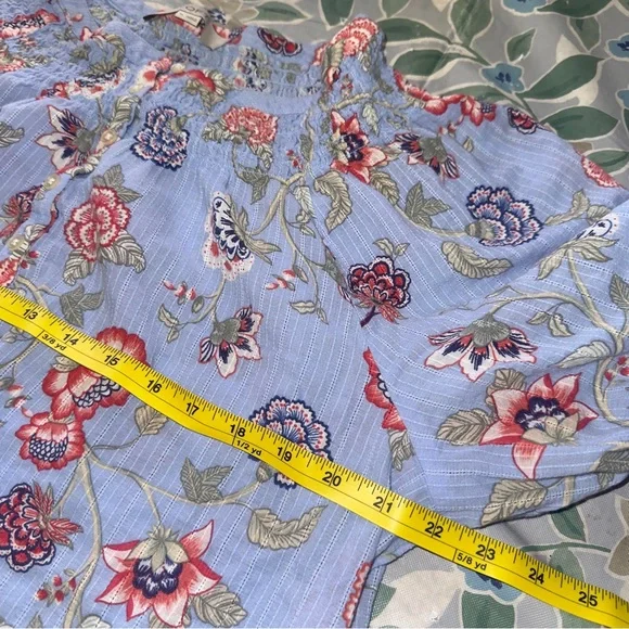 LOFT Blue Floral Blouse, lightweight, eyelet detail, elastic sleeve, women’s XL - Picture 7 of 10